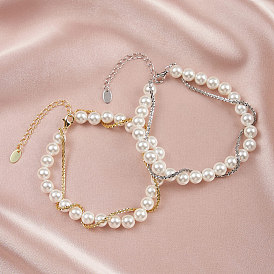 Adjustable Natural Shell Pearl Beaded Bracelets, 925 Sterling Silver Clasps Bracelets for Women