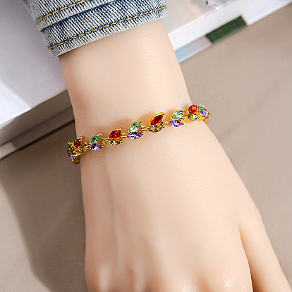 Bracelet en cristal coloré avec charme de feuille de saule incrusté de diamants - accessoire artisanal unique et élégant