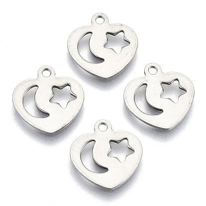 201 charmes en acier inoxydable, Coupe au laser, coeur avec lune et étoile