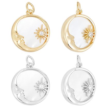 4 шт. 2 цвета латунные подвески из прозрачного кубического циркония с микропаве, с ракушкой и прыжковым кольцом, долговечный, плоский круг с луной и солнцем