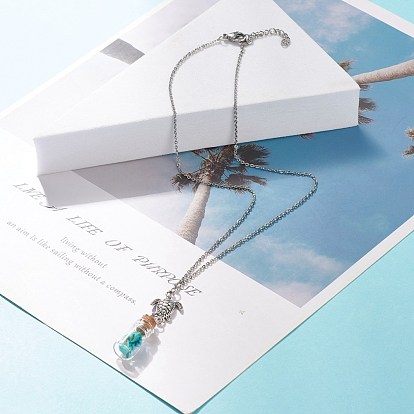 Bouteille en verre avec collier pendentif en copeaux de turquoise synthétique, collier de bouteille de souhaits avec breloque tortue en alliage pour femme