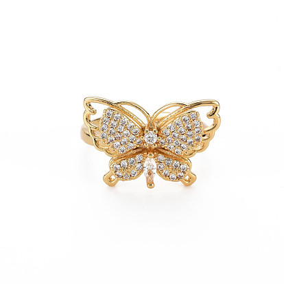 Clear Cubic Zirconia Butterfly Cuff Ring, Brass Open Ring for Women, Nickel Free