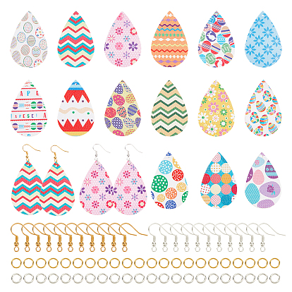 DIY 15Pairs Easter Themed PU Leather Earring Making Kits, Including 15 Colors Teardrop Pendants, Brass Earring Hooks & Jump Rings