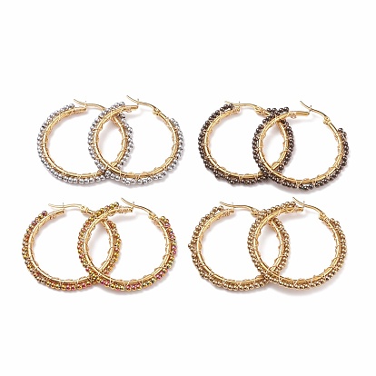 Glass Braided Big Hoop Earrings, Golden 304 Stainless Steel Wire Wrap Earrings for Women