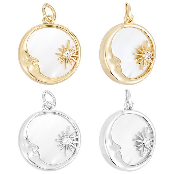 4 шт. 2 цвета латунные подвески из прозрачного кубического циркония с микропаве, с ракушкой и прыжковым кольцом, долговечный, плоский круг с луной и солнцем