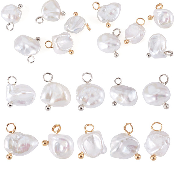 10Pcs 2 style Nuggets Natural Baroque Keshi Pearl Pendants, with Brass Findings