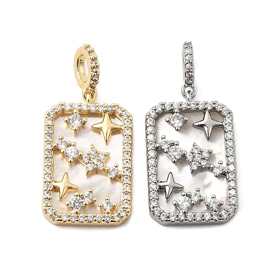 Подвески из натуральной раковины и прозрачного кубического циркония, Латунный прямоугольник с подвесками в виде звезд.