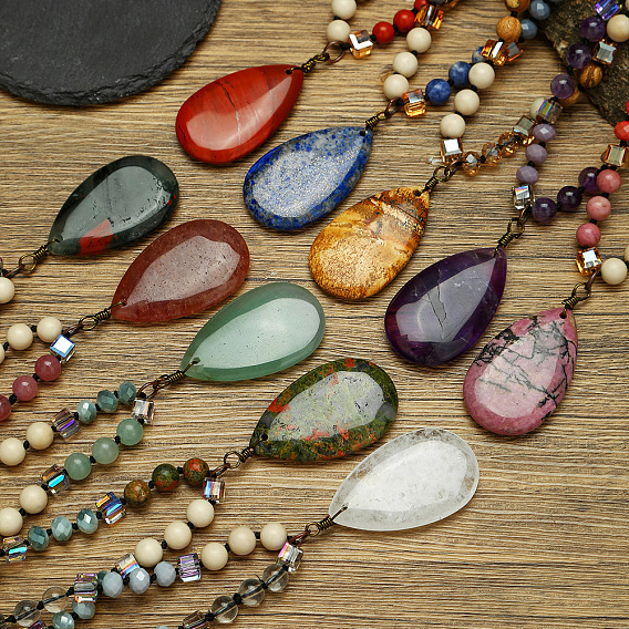 Кулон в форме капли из натурального камня, круглые драгоценные камни и кубические стеклянные бусины, длинные ожерелья для женщин