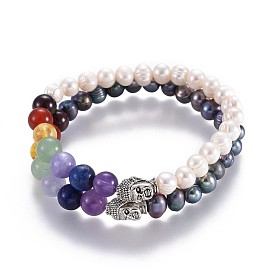 Natural Pearl Stretch Bracelets, with Mixed Gemstone Round Beads and Alloy 3D Buddha Head Beads