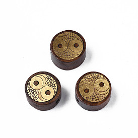 Cuentas de madera natural sin teñir, con forma de ojo de búho en bruto (sin chapar) rebanadas de latón, plano y redondo