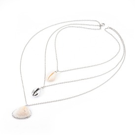 316 Surgical Stainless Steel Tiered Necklaces, 3 Layer Necklaces, with Shell and Cowrie Shell Beads