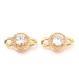 Brass Micro Pave Clear Cubic Zirconia Links Connectors, Long-Lasting Plated, Flat Round