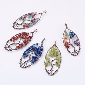 Gemstone Chips Pendants, with Red Copper Plated Brass Findings, Oval with Tree