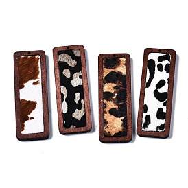 Grands pendentifs en cuir de vachette écologique, avec du bois teint, rectangle avec imprimé léopard