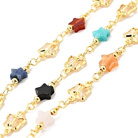 Natural Mixed Gemstone Star & Clear Glass Beaded Chains, with Gold Plated Brass Butterfly Link Chains, Long-Lasting Plated, Soldered, with Spool, Cadmium Free & Lead Free