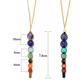 Natural & Synthetic Mixed Stone Round Braided Pendant Necklace, Chakra Yoga Necklace with Alloy Chains for Women