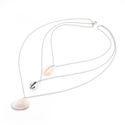 316 Surgical Stainless Steel Tiered Necklaces, 3 Layer Necklaces, with Shell and Cowrie Shell Beads