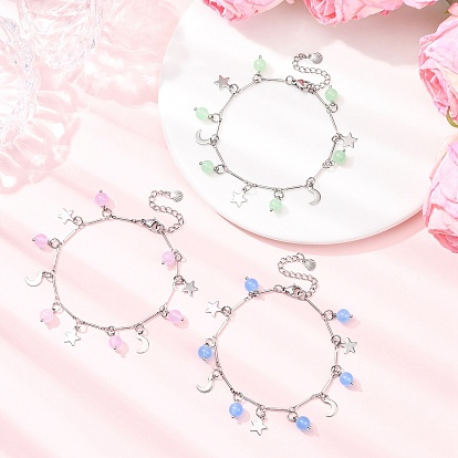 3Pcs Stainless Steel and Natural & Dyed Malaysia Jade Charm Bracelets, Brass Bar Link Chain Bracelets for Women, Moon & Star