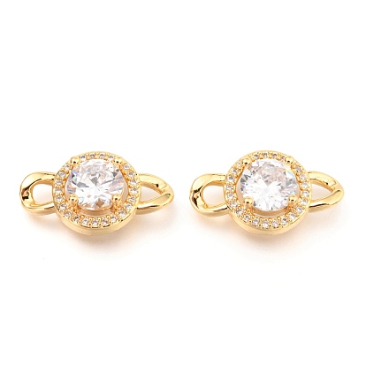 Brass Micro Pave Clear Cubic Zirconia Links Connectors, Long-Lasting Plated, Flat Round