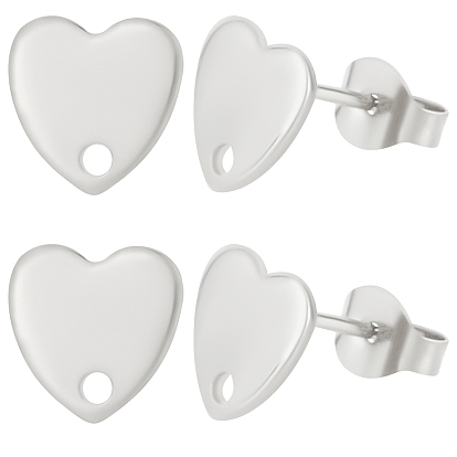 40Pcs 304 Stainless Steel Heart Stud Earring Findings, with Loop and Flat Plate