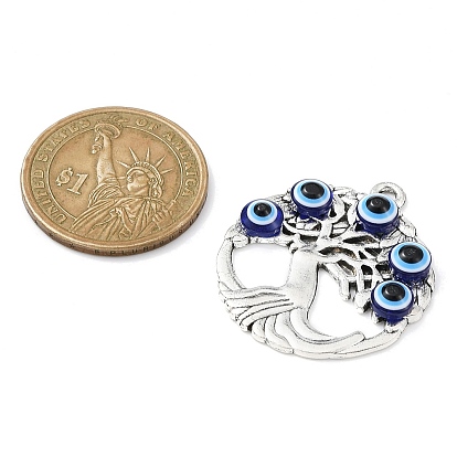 Alloy Pendants, Tree of Life with Resin Evil Eye Charms, Antique Silver