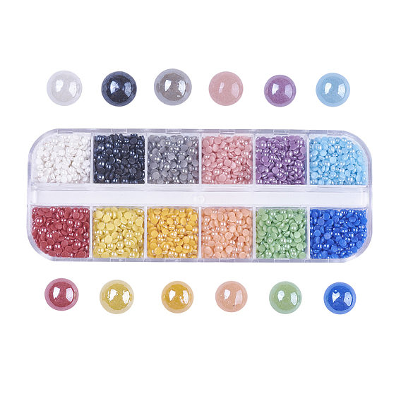 12 Colors Pearlized Plated Handmade Porcelain Cabochons, Half Round/Dome