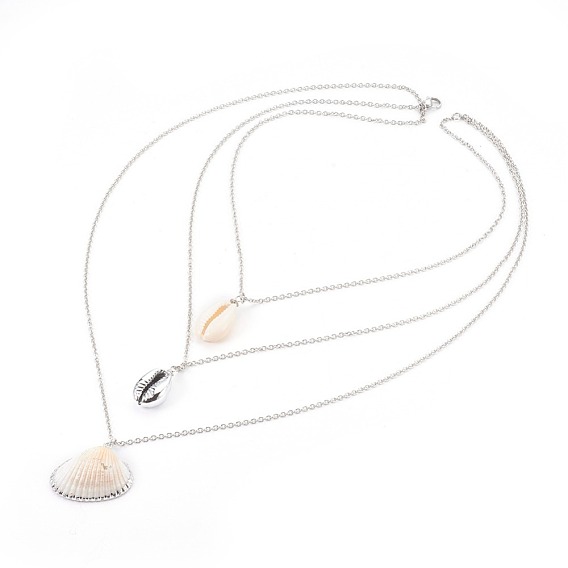 316 Surgical Stainless Steel Tiered Necklaces, 3 Layer Necklaces, with Shell and Cowrie Shell Beads