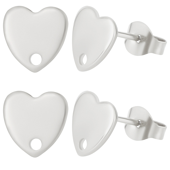 40Pcs 304 Stainless Steel Heart Stud Earring Findings, with Loop and Flat Plate