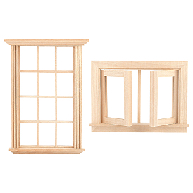 Olycraft 2Pcs 2 Styles Mini-Display Wood Windows, Dollhouse Accessories Pretending Prop Decorations