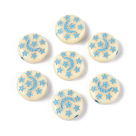 Окрашенные непрозрачные акриловые бусины, Плоский круглый с луной и звездой