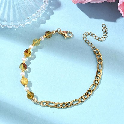 Браслеты из натуральных янтарных бусин и культивированного пресноводного жемчуга., 304 браслеты из нержавеющей стали с цепочками Фигаро для женщин, круглые