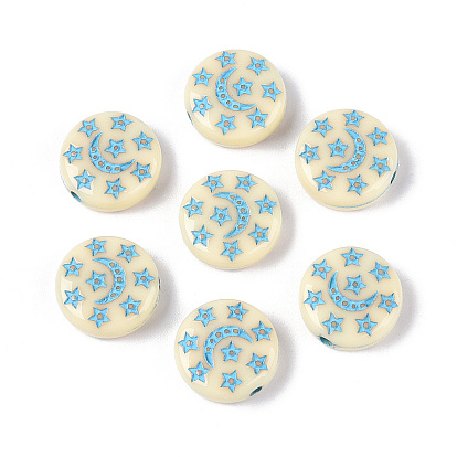 Окрашенные непрозрачные акриловые бусины, Плоский круглый с луной и звездой