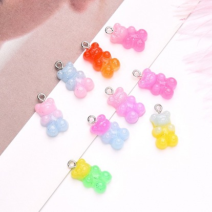 Gradient Color Opaque Resin Pendants, with Glitter Powder and Platinum Tone Iron Peg Bails, Bear