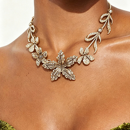 Colliers plastron en alliage, cristal et strass en forme de fleur pour femmes