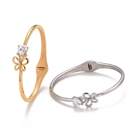 Clear Cubic Zirconia Heart Butterfly Cuff Bangle, 304 Stainless Steel Hinged Open Bangle for Women, Ion Plating(IP)