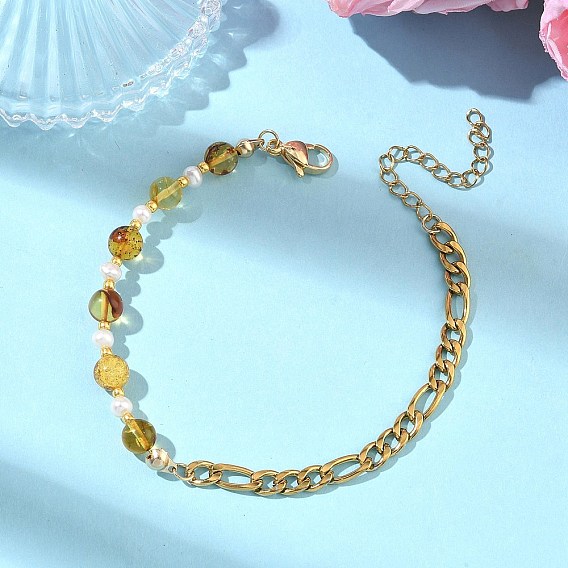 Браслеты из натуральных янтарных бусин и культивированного пресноводного жемчуга., 304 браслеты из нержавеющей стали с цепочками Фигаро для женщин, круглые