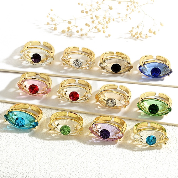 Кольцо-солитер с микропаве из латуни и кубическими цирконами, манжеты со стеклом, злые глаза