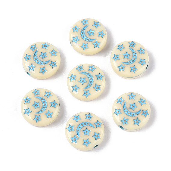 Окрашенные непрозрачные акриловые бусины, Плоский круглый с луной и звездой