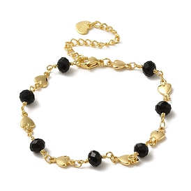 Brass Heart Link Chain Bracelets, with Black Facetd Glass Beads