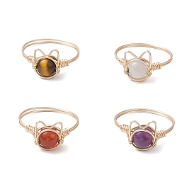 4Pcs 4 Styles Natural Amethyst & Tiger Eye & Rainbow Moonstone & Carnelian Finger Rings Sets, Cat Shape Copper Wire Wrapped Ring for Women