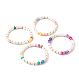 Handmade Polymer Clay Beads Stretch Bracelets, with Brass Spacer Beads