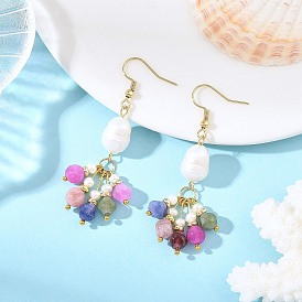 Natural Multicolor Tourmaline & Natural Cultured Freshwater Pearl Dangle Earrings for Women, Oval, 304 Stainless Steel Dangle Earrings, Golden