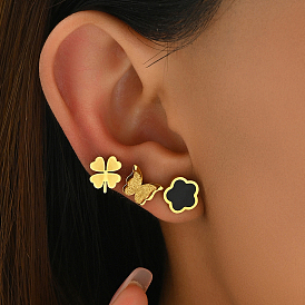 3 pares de modernos conjuntos de aretes de acero inoxidable con forma de mariposa, flor y trébol