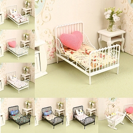 Mini Iron Children's Bed & Pillow, Micro Landscape Home Dollhouse Accessories, Pretending Prop Decorations