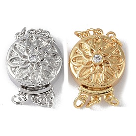 Rack Plating Brass Micro Pave Clear Cubic Zirconia Box Clasps, 3-Strand, 6-Hole, Flat Round with Flower Pattern