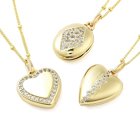 Brass Micro Pave Clear Cubic Zirconia Satellite Chain Locket Pendant Necklaces for Women, Real 18K Gold Plated