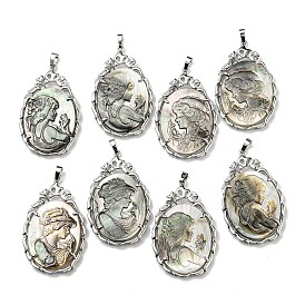 Rack Plating Brass Teardrop Big Pendants, Carved Natural Black Lip Shell Cameo Woman Charms