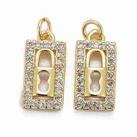 Brass Micro Pave Clear Cubic Zirconia Pendants, Long-Lasting Plated, Rectangle with Lock
