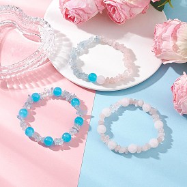 Браслеты из круглого эластичного стекла с имитацией нефрита, окрашенного методом запекания, для женщин, круглые, с натуральным аквамарином и крошкой розового кварца