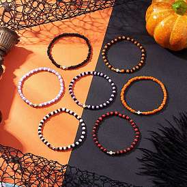 7шт. браслеты из круглых стеклянных бусин на тему Хэллоуина, с бусинками клевера